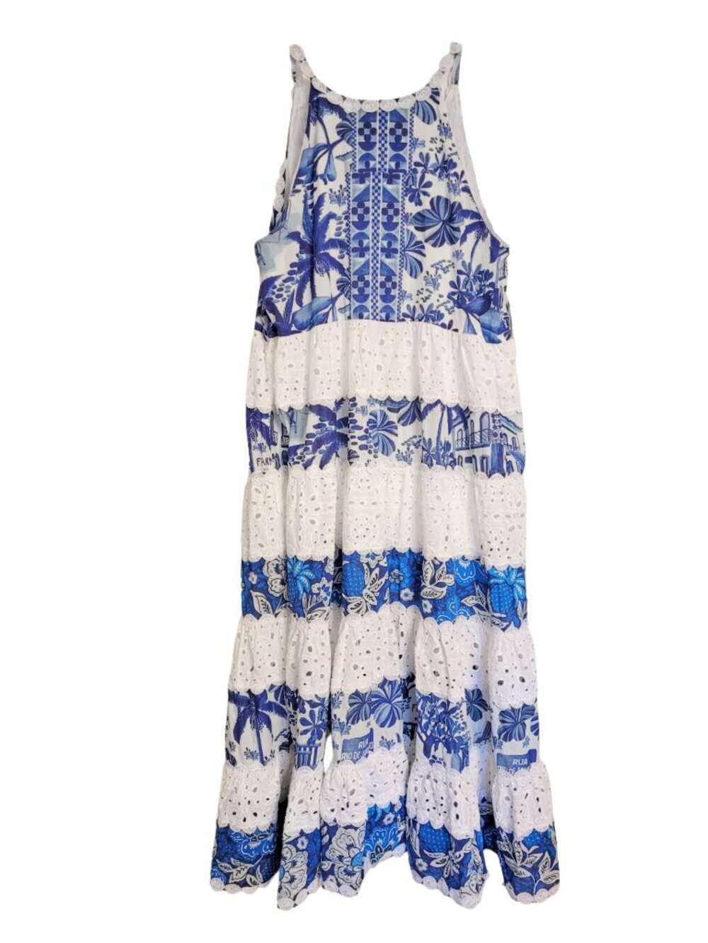 FARM Rio Blue & White Floral Eyelet Tiered Maxi Dress with Waist Tie - Picture 5 of 10
